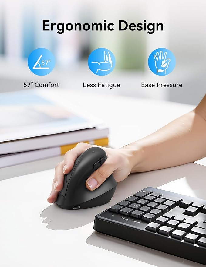 TECKNET Ergonomic Mouse, Wireless Bluetooth Vertical Mouse (BT5.3/3.0 & 2.4G) Rechargeable 4800 DPI Optical Mouse with 6 Adjustable DPI, Quiet Clicks, USB A Receiver, 6 Buttons - Wide Compatibility