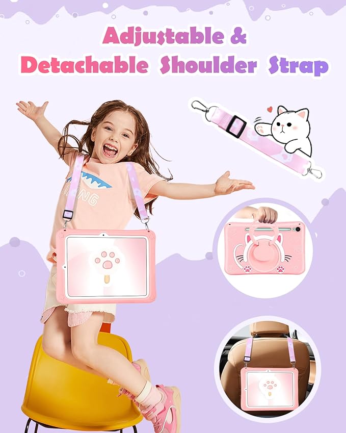 Wazzasoft for Galaxy Tab S10 FE/S9 FE Case 10.9 Inch - Girls Cute Cat Kitten 3D Cartoon Women Soft Silicone Tablet Cover for Samsung Galaxy S9 FE with Rotating Stand & Strap Funda para Tab S10 FE 5G