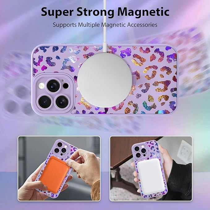 KANGHAR Compatible with iPhone 15 Pro Max Case, Support for MagSafe, Silicone Cute Iridescent Leopard Cheetah Pattern, Wristband Kickstand Shockproof Protective Slim Cover for Women Girls, Purple