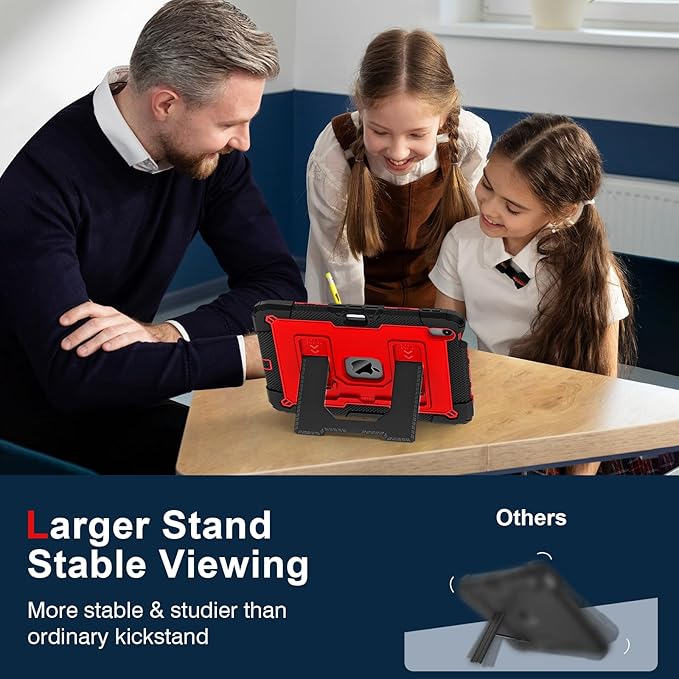 Kids Friendly Case for iPad Air 11 Inch M4 M3 M2 2026/2025/2024 Case with Pencil Holder & Shoulder Strap, Military Grade Shockproof Kickstand Hard Shell Protective Cover,Black+Red
