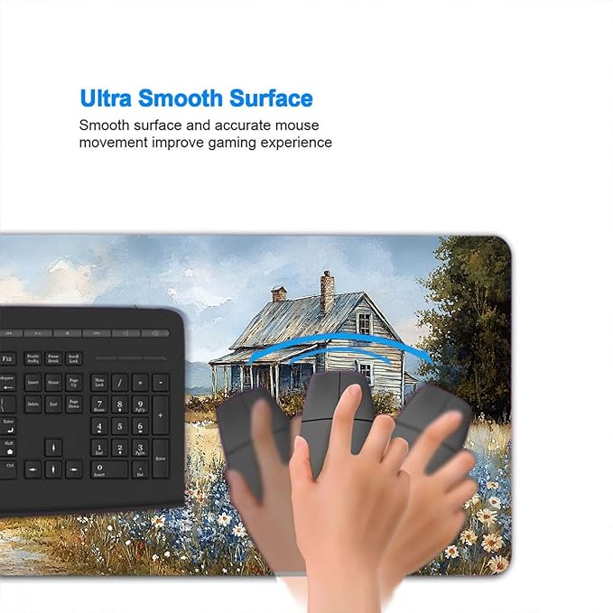 Farmhouse Extended Mouse Pad Wildflower Retro Grassland Blue Sky Mousepad XL Large Gaming Mouse Pad Laptop Keyboard Mat Desk Pad Daily Use with Keyboard and Laptop Devices 31.5x11.8 Inch