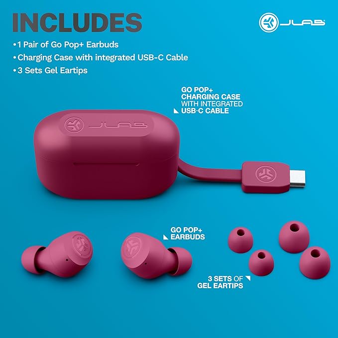 JLab Go Air Pop+, True Wireless Earbuds, Bluetooth Earbuds with Microphone, Dual Connect, EQ3 Sound, Dark Pink
