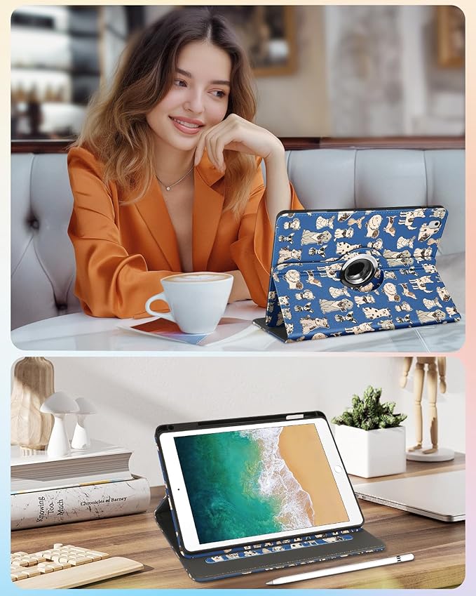 Kidcube for iPad 5th Generation Case 2017/Air 1st 2013/Pro 9.7 Inch Case 2016 - Women Girls Kids Cute Rotating Stand Folio Cover with Pencil Holder & Card Slot Kawaii Cool Dogs Unique Design Cover