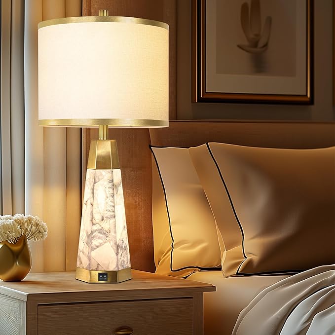 KIVDITZO 27" Alabaster Table Lamps Set of 2 - Lamps for Living Room with Night Light, Bedside Lamps with White Linen Shade, Nightstand Table Lamp with USB A+C Port for Bedroom Office (Bulb Included)