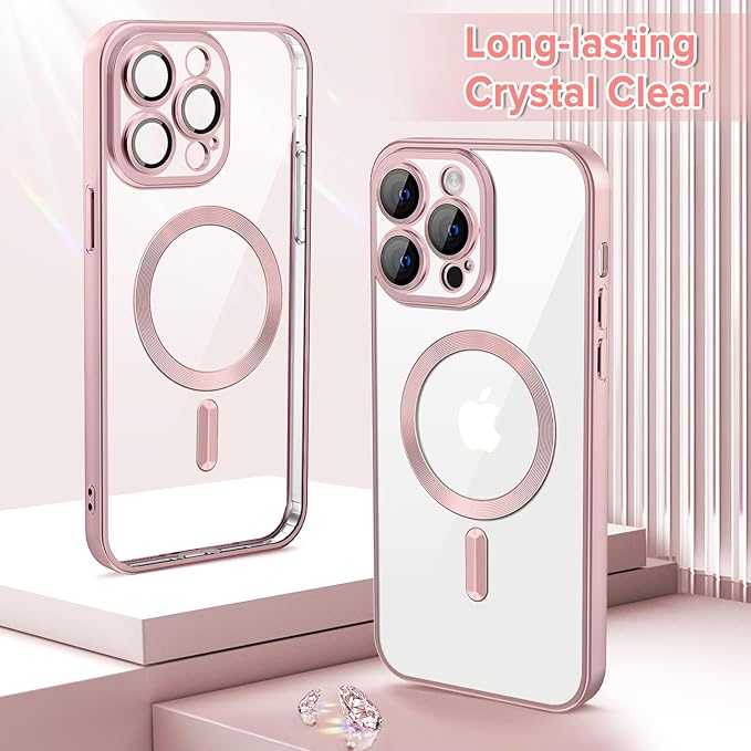 Hython Magnetic Clear for iPhone 12 Pro Max Case with Camera Lens Protector [Compatible with MagSafe] Plating Edge Slim Soft TPU Cover Protective Phone Case for iPhone 12 Pro Max 6.7", Matte Pink