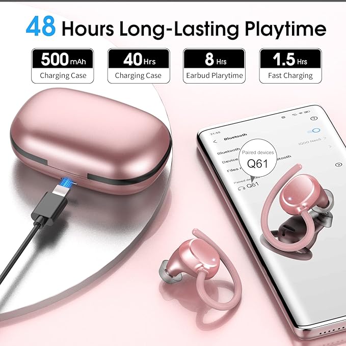 Wireless Earbuds for Small Ear, HiFi Stereo Sport Bluetooth 5.3 Headphones with Earhooks, 48H Deep Bass Running Ear Buds with LED Display, Noise Cancelling, IP7 Waterproof Built-in Mic for iOS Android
