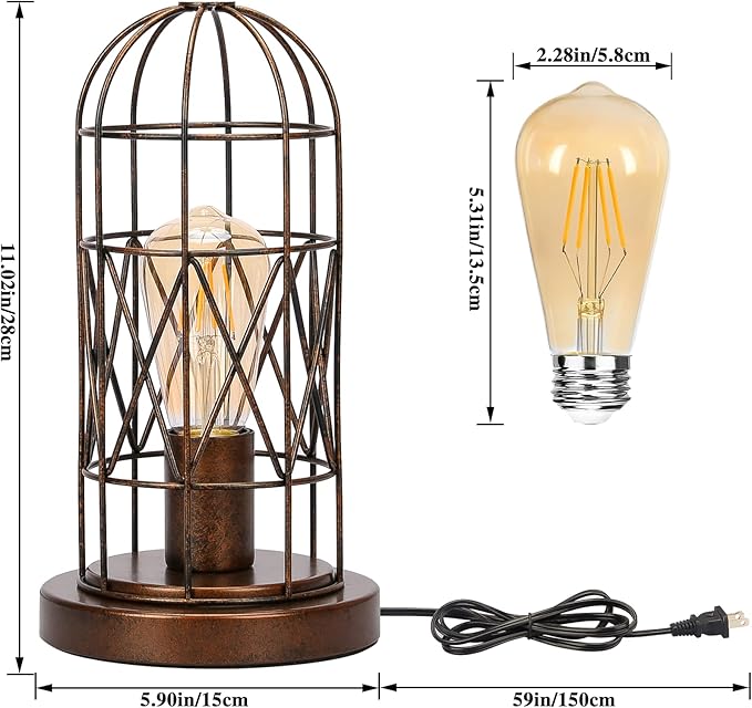 Seaside village Small Touch Lamp, Industiral Bedside Table Lamps with Antique Bronze Cage, 3 Way Dimmable Nightstand Steampunk Edison Lamp for Bedroom Living Room Kitchen, LED Bulb Included