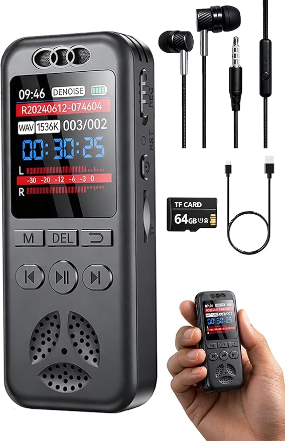 64GB Digital Voice Recorder, Small Voice Activated Recorders with Playback, 1536Kbps Audio, 70dB Noise Reduction, A-B Repeat Recording Device Portable Mini for Lectures, Meetings, Interview etc