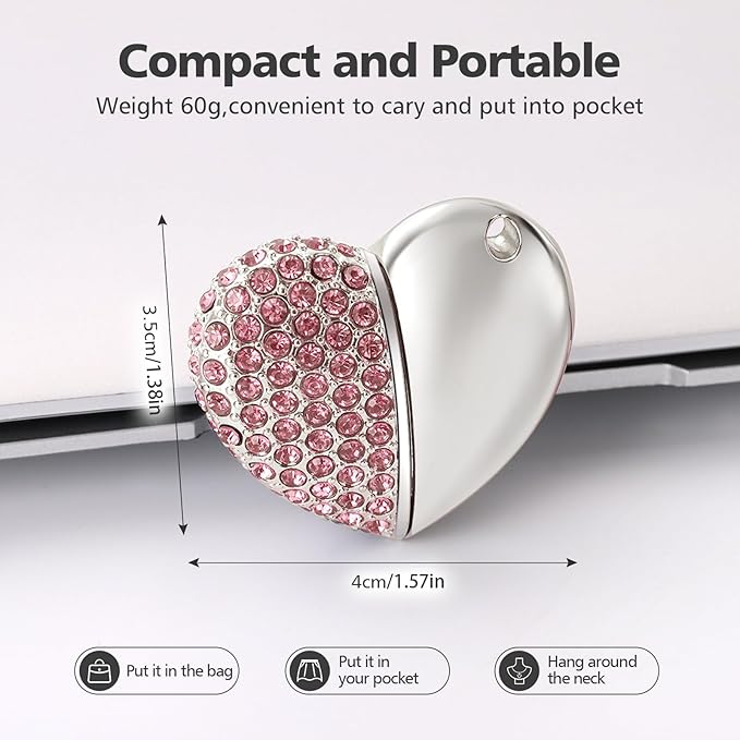 USB 2.0 Flash Drive,Cute Romantic Heart Shape USB Memory Stick,Thumb Drive for Photos, Music, Files Storage (Pink, 32, GB)