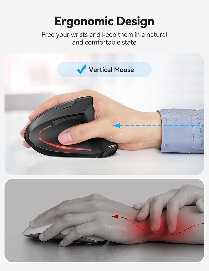 TECKNET Ergonomic Mouse Rechargeable Bluetooth - 4800 DPI Vertical Mice 6 Adjustable Levels, Wireless Optical Carpal Tunnel Mouse Right Hand, Multi Device for Laptop, PC, Computer, MacBook - Black