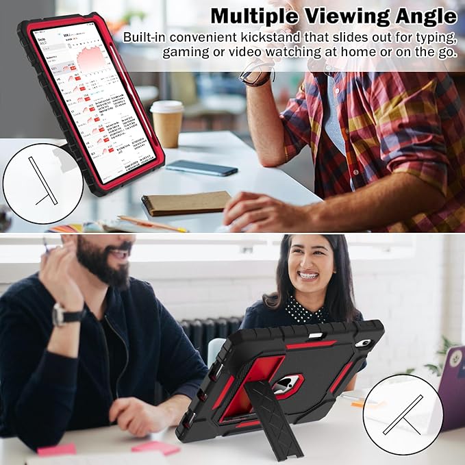 ZoneFoker Case for iPad (A16) 11th/10th Generation 11/10.9 inch 2025/2022, Heavy Duty Military Grade Shockproof Rugged Cover with Pencil Holder/Stand for i Pad 11th / 10 th Gen (Black+Red)