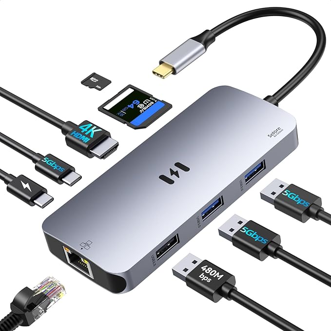 USB C Adapters for MacBook Pro/Air, Selore 9 in 1 USB C Hub with 4K HDMI, 3 * 5Gbps USB 3.1 GEN1 Port, 1Gbps Ethernet, 100W PD, 1*USB 2.0 dongle for Dell, HP and More