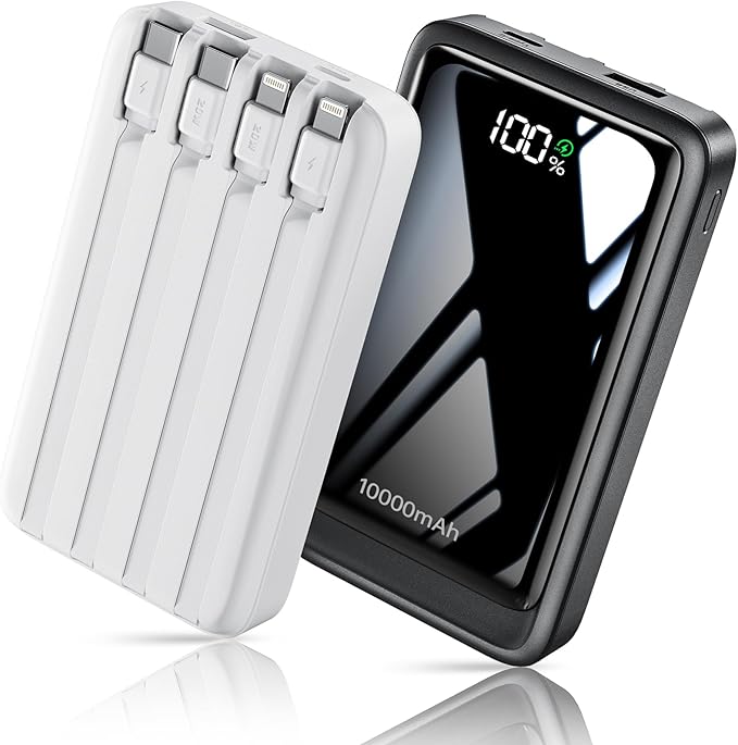 2026 2-Pack 10000mAh Portable Charger with Built in 4 Cables, PD 20W Travel Essentials Battery Pack, 5 Outputs 2 Inputs Slim Power Bank for iPhone 17/16/15/14, Samsung Galaxy S23/22, Pixel etc