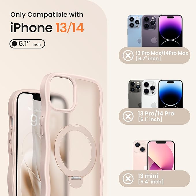CAPRARO for iPhone 13 Case & iPhone 14 Case with 360° Spin Magnetic Stand for Women, [Compatible with MagSafe] [Camera Protection] Cute Wave Translucent Matte Case for iPhone 13/14, Rose Gold