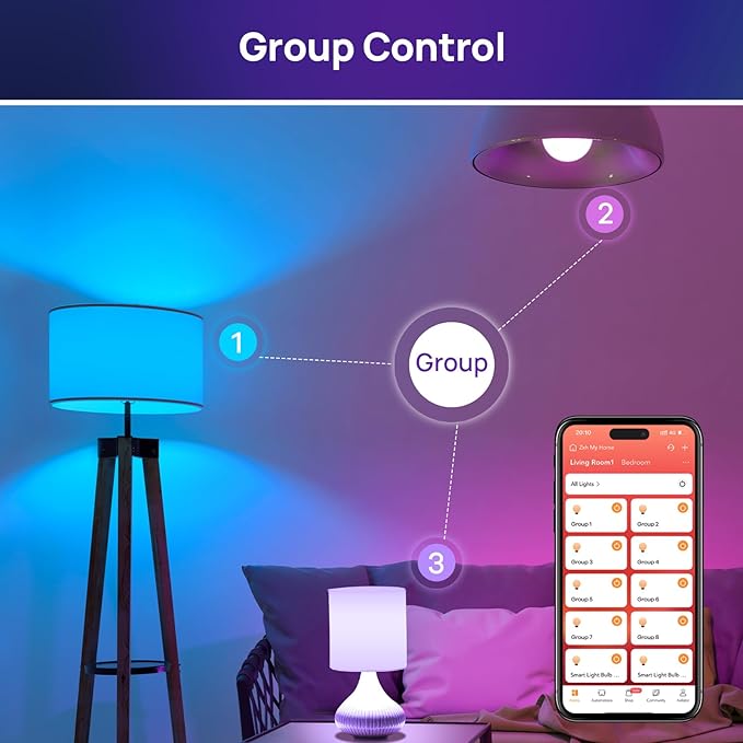 Consciot Smart LED Light, WiFi Color-Changing A19 E26 Lamp Compatible with Alexa & Google Home, 60W Equivalent, Music Sync, Dimmable, 4 Pack