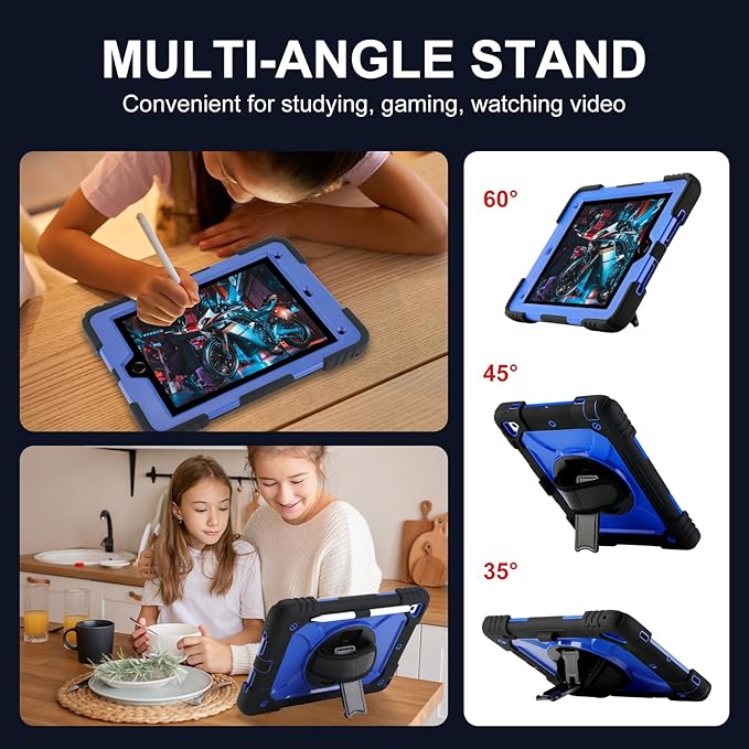 for iPad 6th Generation/iPad 5th Gen/iPad Air 2/iPad Pro 9.7" Case with Cute Key Chain, Rugged Protective Case with Rotating Stand & Shoulder Hand Strap for iPad 6th/5th/ Air 2 (Black+Blue)