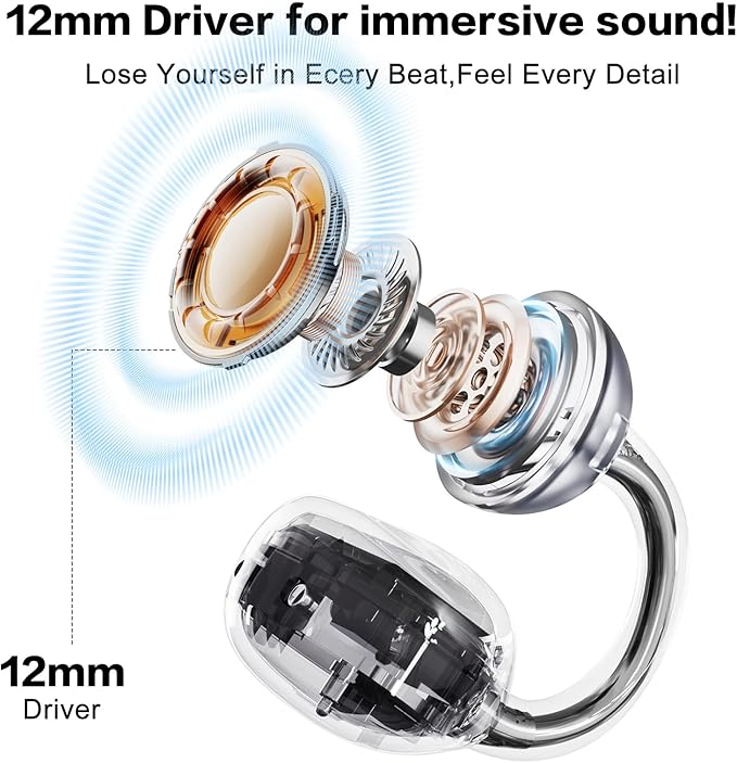ZIHNIC S26 Wireless Clip on Earbuds, Open Ear Wireless Bluetooth 5.4 Headphones with Mic, IPX5 Waterproof, 35Hr Play time, Light Weight -Black