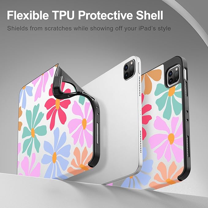 May Chen for iPad Pro M2 12.9 Case 6th/5th/4th/3rd Generation 2022 2021 2020 2018 Trifold Stand + Pencil Holder + Auto Wake/Sleep + Soft TPU Protective Stand Back Cover, Groovy Flower