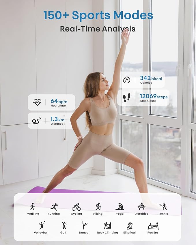 Smart Bracelet, Health Fitness & Activity Tracker with All-Day Continuous Heart Rate/Blood Pressure Monitor, Sleep Tracker, 170+ Sport Modes, 60 Day Battery & Free App, IP68 Smart Band for Android IOS