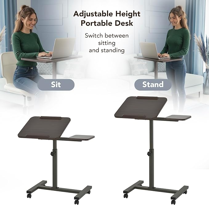 Displays By Jack Adjustable Height Rolling Laptop Desk with Tilting Top & Side Shelf – Mobile Sit Stand Computer Table on Wheels for Home Office, Classroom, Study Room