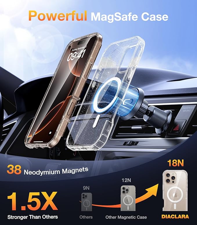 Diaclara Magnetic Designed for iPhone 16 Pro Max Case, Full Body Rugged with Touch Sensitive Anti-Scratch Screen Protector, Compatible with MagSafe for iPhone 16 Pro Max 6.9'', Clear Glitter
