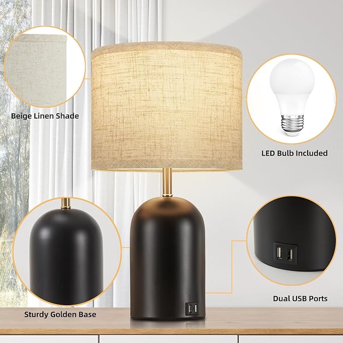 GyroVu Bedside Lamps with USB C+A Charging Ports, Table Lamp Touch Control Dimmable Modern Lamp for Bedroom Lamps for Night Stands with Fabric Shade for Living Room Office Dorm (LED Bulbs Included)