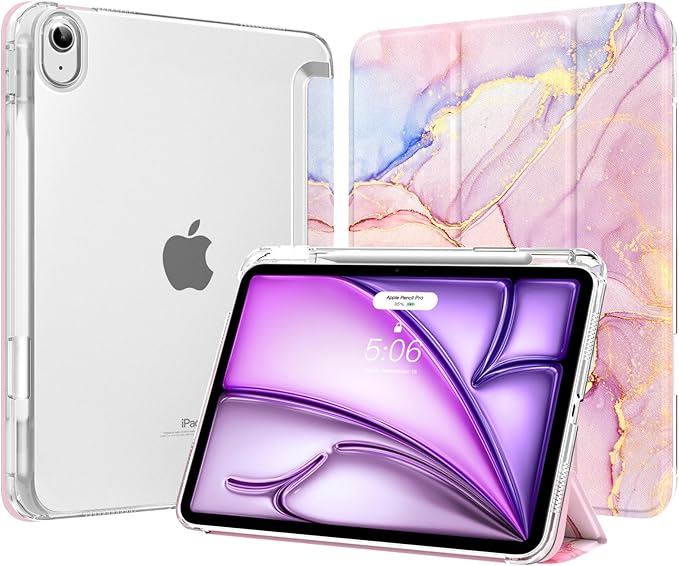 MoKo for iPad Air 11 inch Case (M4/M3/M2) 2026/2025/2024, iPad Air 5th/4th Gen 10.9 inch Case 2022/2020 with Pencil Holder, Slim Light Trifold Cover with Hard PC Translucent Back Shell, Pink Marble