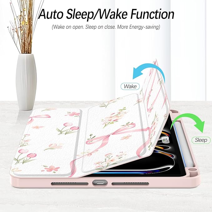 Case for iPad Pro 11-Inch M5/M4 2025/2024 (6th/5th Generation), Case with Pencil Holder, Clear Back Cover Cute Cool Design for Women Girls, Auto Sleep/Wake, Bow Tulip