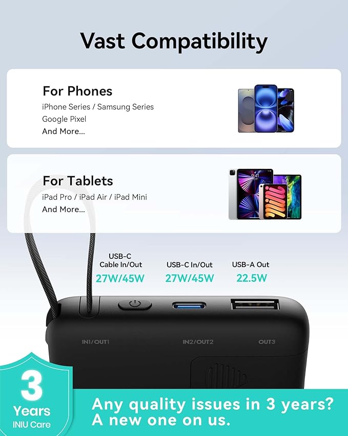 INIU 45W Power Bank, Slimmest 10000mAh Portable Charger with Built in USB-C Cable, Fast Charging USB C in&Out Battery Pack, Travel External Phone Charger for iPhone 17 16 15 Samsung S24 S23 Google etc