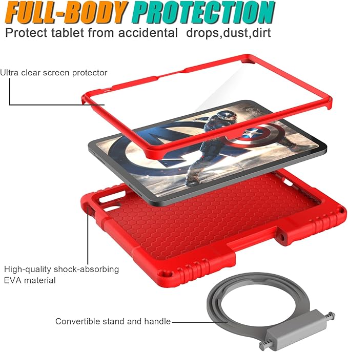 Kids Case for iPad 10th Generation 10.9-inch (2022) & iPad Air 11-inch M2 (2024) & iPad Pro 11-inch M4 (2024), Lightweight Shockproof Case Built-in Screen Protector with Handle Stand, Red