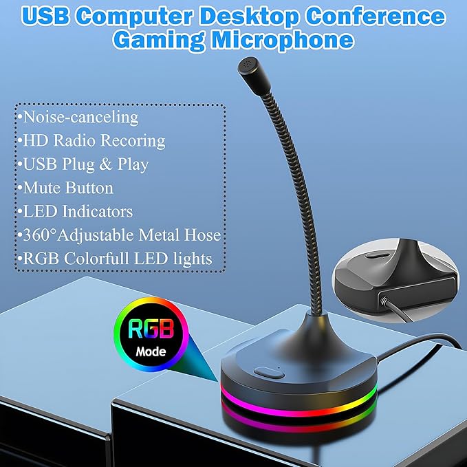 USB Computer Microphone with Mute Button and RGB Lighting,Plug&Play Mic for Conference,Gaming,YouTube,Desktop PC Mic for Mac/Window-Black-Black(M7)