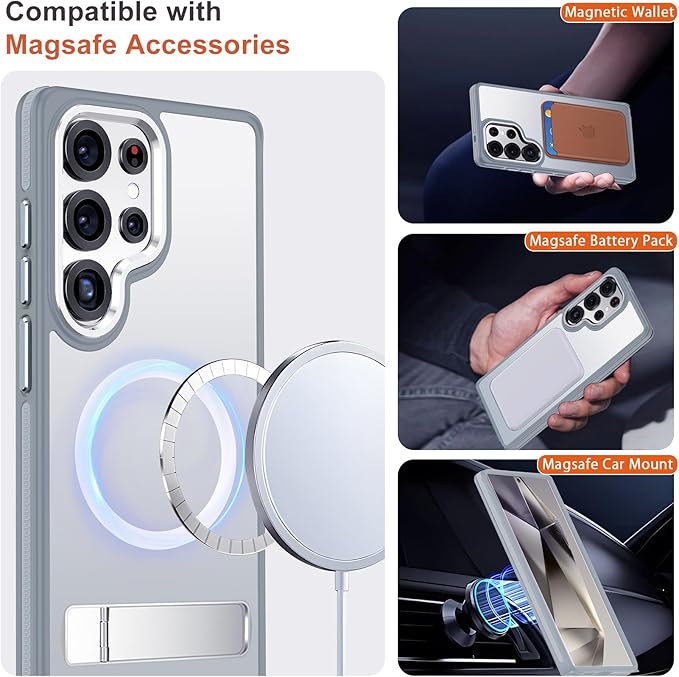 MALEWOLF Kickstand for Samsung Galaxy S25 Ultra Case Fits for MagSafe, Shockproof Anti-Slip Protective Cover, Ultra Slim Translucent Matte Phone Case for Galaxy S25 Ultra (Grey/White)