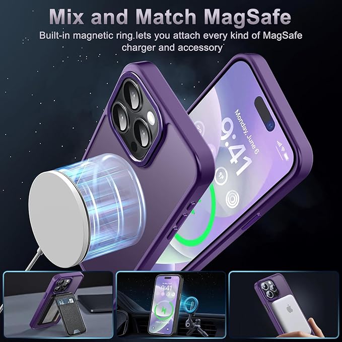 Newfuture Magnetic for iPhone 15 Pro Case [Compatible with Magsafe] [Military Grade Drop Protection] Translucent Matte Anti-Fingerprint Shockproof Phone Case for iPhone 15 Pro 6.1 inch, Deep Purple