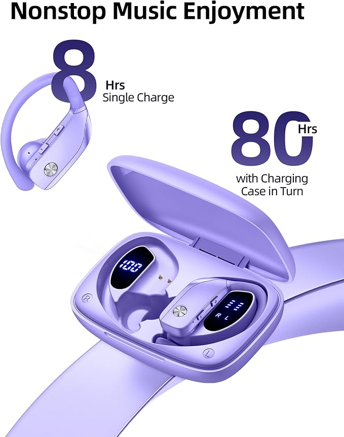 bmanl Wireless Earbuds Bluetooth Headphones Over Ear Hooks Ear Buds with 80H Playtime, LED Power Display, Dual Mic Clear Calls, Sports Wireless Ear Buds Bluetooth Earbud for Running Gym Workout Purple