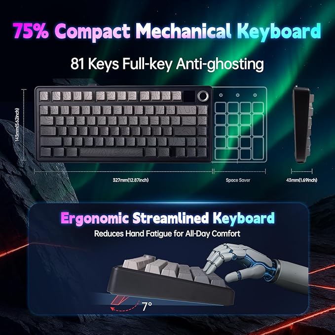 LEOBOG x Aula F75 MAX Wireless Gaming Keyboard w/Smart Display & Knob,75% Hot Swappable Custom Mechanical Keyboard, RGB Backlit,Pre-lubed Linear Switches,Side Printed PBT Topographic Keycaps(Grey)