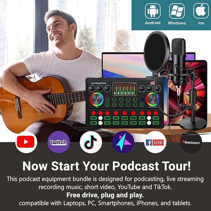 Podcast Equipment Bundle, 48V Condenser Microphone Bundle with M300 Voice Changer, Podcast Microphone Recording Studio Package for Podcasting Live Streaming Singing PC Mobile TikTok YouTube