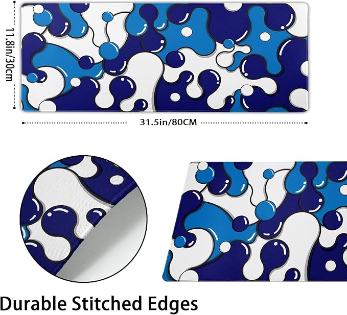 Navy Blue White Mouse Pad Anime Cool Geometric Japanese Extended Desk Mat 80X30 cm Non-Slip Rubber Base Stitched Edge Large XL Mousepad for Desk Gaming Laptop Desktop,31.5×11.8 Inch