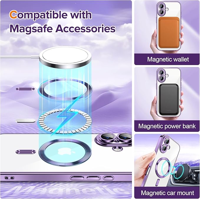 Hython Magnetic Clear for iPhone 17 Case with Camera Lens Protector [Compatible with MagSafe] Luxury Plating Edge Slim Soft TPU Cover Protective Phone Case for iPhone 17 6.3", Deep Purple
