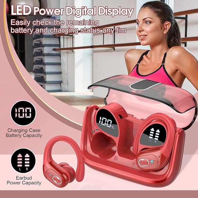 Wireless Earbuds 75hrs Bluetooth 5.4 Headphone Sport, 2026 Bluetooth Earbuds Stereo Deep Bass Over Ear Bud with Earhooks, ENC Noise Cancelling Mic, IPX7 Waterproof Earphone for Gym/Workout/Run, Red