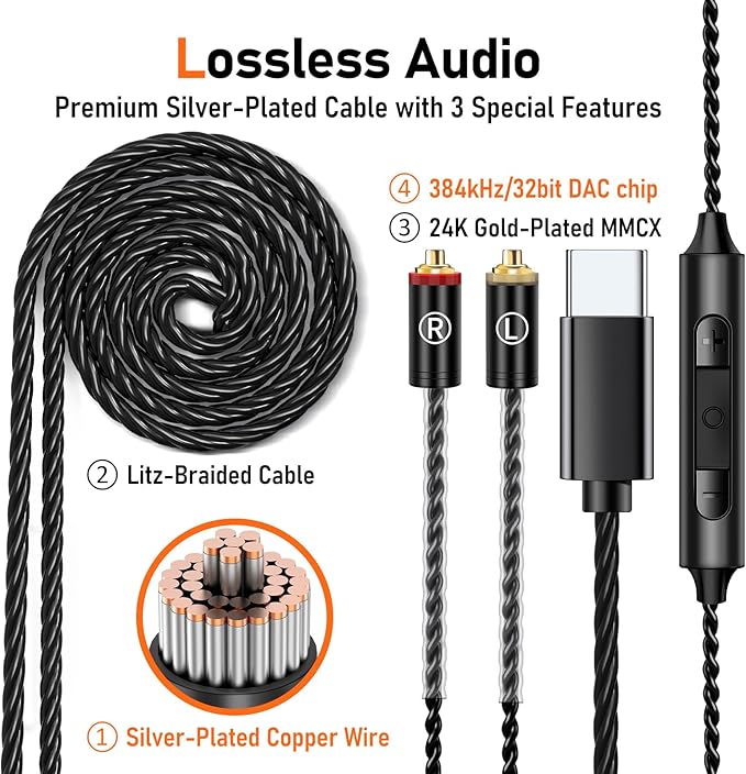Vibes 202MC USB-C Wired Earbuds - USBC HiFi in Ear Headphones for iPhone 17/16/15 - Noise Isolating Ear Buds w/ Mic - Clear Sound, Deep Bass & Comfort-Fit Earphones - Silver Plated Cord, Carrying Case