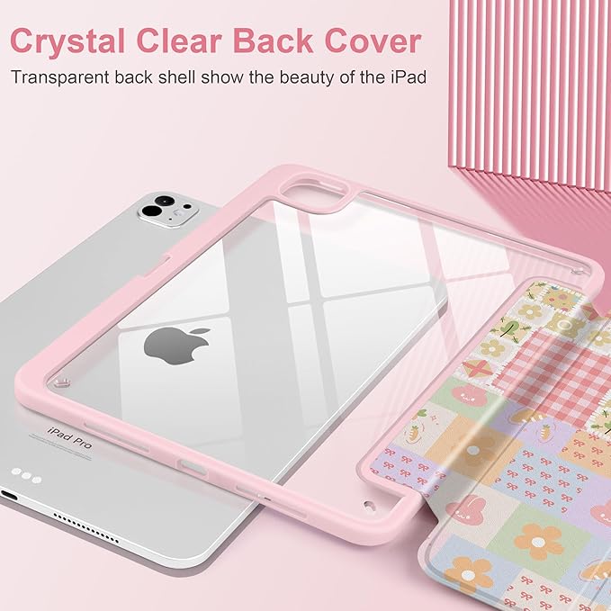 Case for iPad Pro 13 inch (M5) 2025 (M4) 2024 Release Slim Lightweight Cute Light Pink Cover with Clear Back TPU Edge Pencil Holder Trifold Stand, Cute Bunny