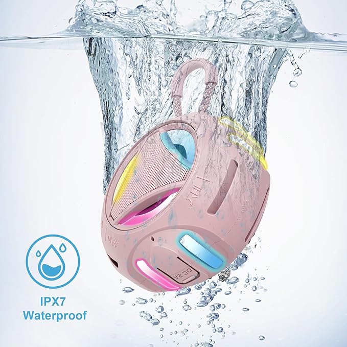 Portable Bluetooth Speaker, IPX7 Waterproof Wireless Outdoor Speakers, Mini Shower Speaker, Floating, Built-in Mic, 24H Playtime with LED Lights,Loud HD Sound, Powerful Bass, Gifts for Unisex - Pink