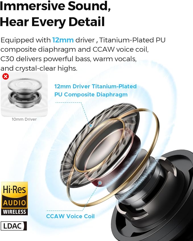 SoundPEATS C30 Hybrid ANC Earbuds, LDAC Hi-Res Audio, 52H Playtime, 52dB Adaptive Noise Cancelling Wireless Earbuds, 6-Mic Clear Call, 12mm Driver, Bluetooth 6.0, Multi-Point, IP54 - Beige