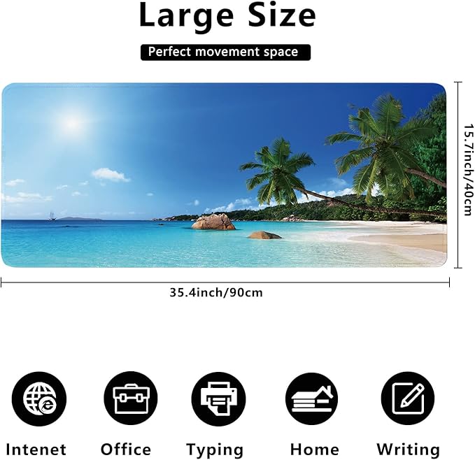 Ocean Desk Mat,ANSE Lazio Beach at Praslin Island Extended Gaming Mouse Pad,Large Non-Slip Rubber Base Mousepad with Stitched Edges,Waterproof Mouse Mat Desk Pad for Office Game Home 35.4x15.75 in