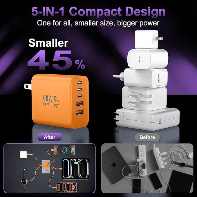 USB C Fast Wall Charger Block, 2Pack 60W USBC Charging Cubes, 5-Port PD+QC Power Adapter Multiport Brick Type C Box Plug for Phone 17/16/15/14/13/12/11/Pro Max/Plus, Pad Mini/Pro/S25/S24-Orange