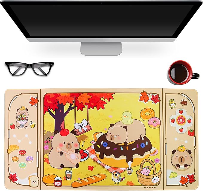 PERFECTSIGHT Cute Capybara Desk Pad Kawaii Desk Mat, Large Gaming Mouse Pad, Funny Deskmat Mousepad, Laptop Keyboard Pad Office Home Decor for Women Girls, Brown
