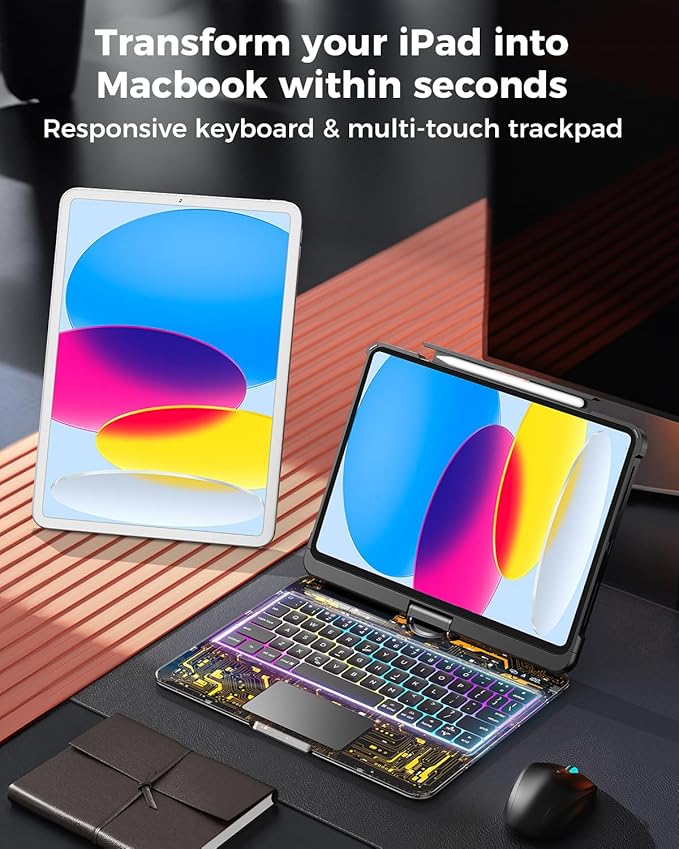 TSQQST Clear Wireless Keyboard Case for iPad (A16) 11th Generation 11-inch 2025/ iPad 10th Generation 10.9-inch 2022 with Pencil Holder & Multi-Touch Trackpad, 7-Color Backlit, 360 Rotatable, Black