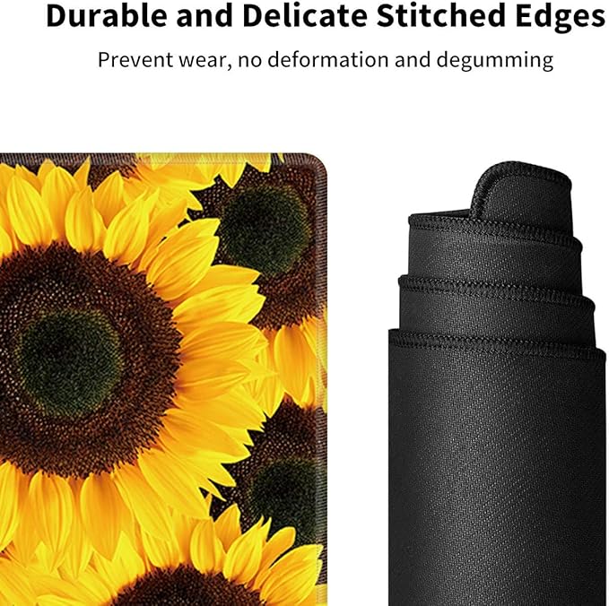 Large Gaming Mouse Pad Non-Slip Keyboard Pad Soft Extended Desk Mat Desktop Writing Pad (31.5"×11.8") with Yellow Sunflower Design for Home & Office + Cup Coaster