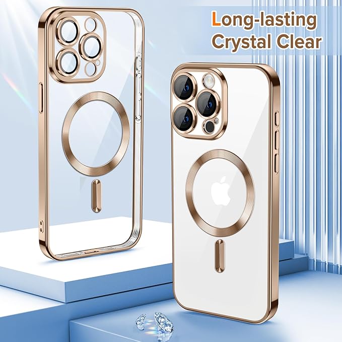 Hython Magnetic Clear for iPhone 15 Pro Case with Camera Lens Protector [Compatible with MagSafe] Luxury Plating Edge Slim Soft TPU Cover Protective Phone Case for iPhone 15 Pro 6.1", Desert Brown