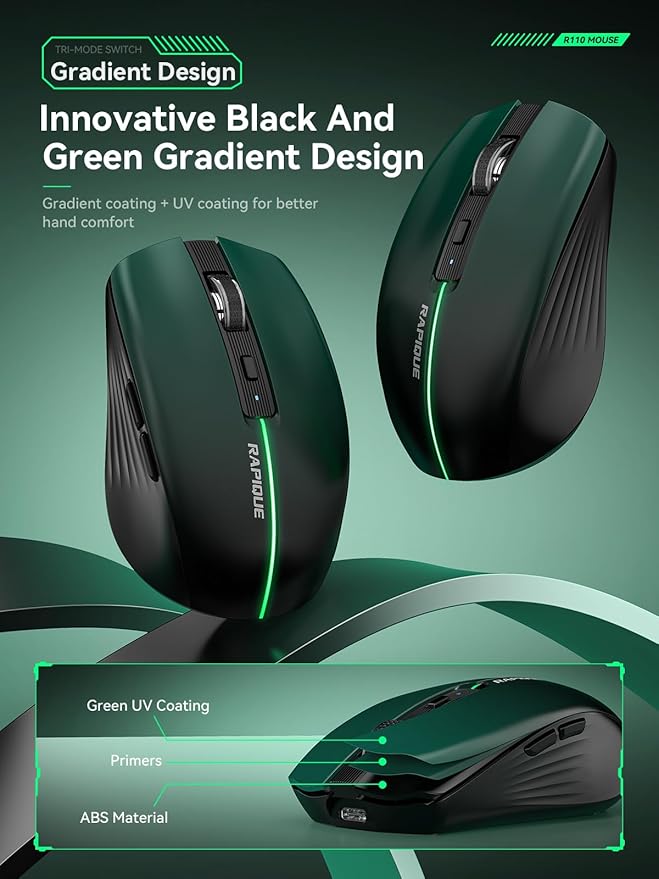 RAPIQUE Bluetooth Wireless Mouse – Bluetooth 5.1 & 2.4G Dual Connectivity, Rechargeable USB-C, Silent Click, Ergonomic 6-Button for Windows/macOS/Android/iOS/Laptop/MacBook(Green-to-Black)